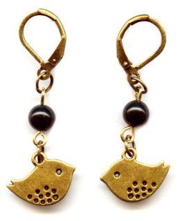 Brass and Little Birds Spotted Belly Earrings with Green Bloodstone Gemstones Handmade Artist Jewelry: Dangle Earrings: Jewelry