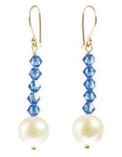 Gold Plated Sterling Silver Sapphire Crystallized Swarovski Elements Bicone Bead and White Freshwater Cultured Pearl Drop Earrings: Jewelry