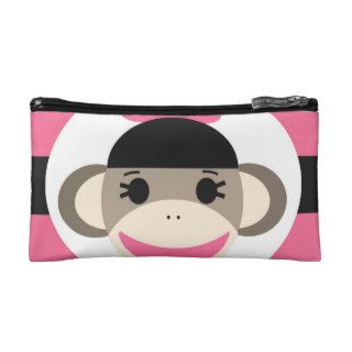 Cute Baby Girl Sock Monkey Black Pink Stripes Makeup Bags