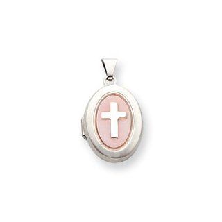 Sterling Silver Pink Mother of Pearl Cross 2 Frame Oval Locket: Locket Necklaces: Jewelry