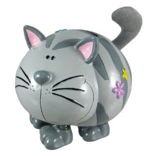 Gray Striped Fuzzy Tail Tabby Cat Money Bank Spring Legs: Toys & Games