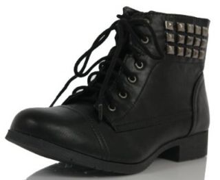 Black Faux Leather Combat Lace up Studded Low Heel Ankle Boots Freny 6: Shoes
