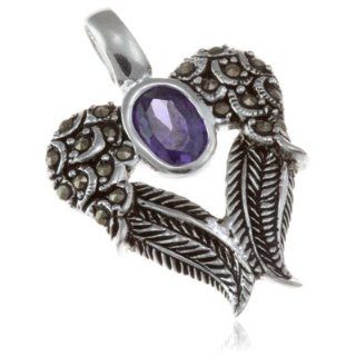 Bezel Jewelry Oxidized .925 Sterling Silver Amethyst Angel Wings and Heart Design Genuine Marcasite Pendant 1": Jewelry