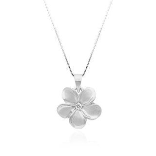 Plumeria Necklace Pendant with Diamond in 14K White Gold with Box Chain 13mm: Jewelry