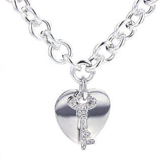 Sterling Silver Rolo Link Necklace w/Lobster Lock w/ heart and key charms   18" Jewelry