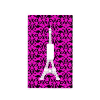 Eiffel Tower Silhouette, Damask   White Black Pink Switch Plate Cover