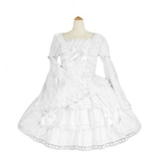 TOMSUIT White Lace Knee Length Sweet Lolita Dress with Long Trumpet Sleeves Clothing