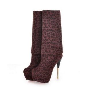 QueenFashion Women's Close Round Toe Platform Leopard Pattern Stiletto Heels Frosting Leather and Suede Knee High Boots: Shoes