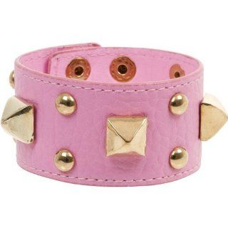 Pink Leather Wide Cuff Bracelet with Gold Tone Studs Jewelry