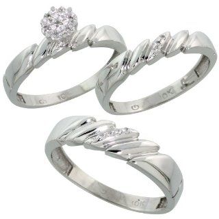 10k White Gold Diamond Trio Engagement Wedding Ring Set for Him and Her 3 piece 5 mm & 4 mm wide 0.10 cttw Brilliant Cut, ladies sizes 5   10, mens sizes 8   14: Jewelry