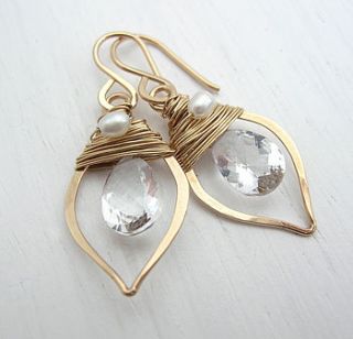 crystal and pearl leaf hoop earrings by sarah hickey