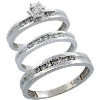 14k White Gold 3 Piece Trio His (4mm) & Hers (3mm) Diamond Wedding Ring Band Set w/ 0.50 Carat Brilliant Cut Diamonds; (Ladies Size 5 to10; Men's Size 8 to 14): Jewelry