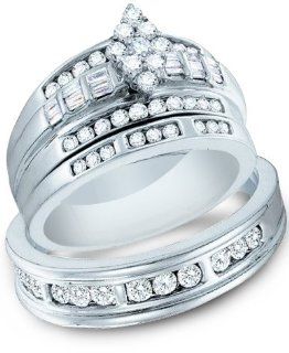 14k White Gold Mens and Ladies Couple His & Hers Trio 3 Three Ring Bridal Matching Engagement Wedding Ring Band Set   Round and Baguette Diamonds   Marquise Shape Center Setting w/ Channel Set Side Stones (1.15 cttw) Jewelry