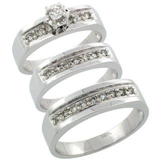 14k White Gold 3 Piece Trio His (6mm) & Hers (5mm) Diamond Wedding Ring Band Set w/ 0.54 Carat Brilliant Cut Diamonds; (Ladies Size 5 to10; Men's Size 8 to 14): Jewelry