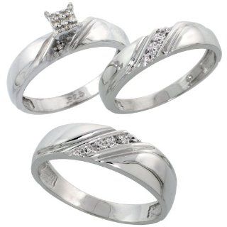 Sterling Silver Diamond Trio Wedding Ring Set His 6mm & Hers 4.5mm Rhodium finish, Men's Size 8 to 14: Jewelry