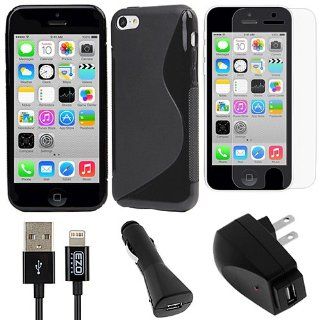 BIRUGEAR Black Flexible S Shape TPU Case with Screen Protector, Lightning Cable, Charger for Apple iPhone 5C: Cell Phones & Accessories
