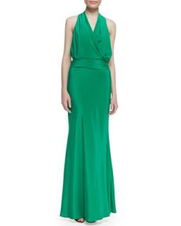 Womens Silk Jersey Bow Back Halter Gown, New Pacific Green   Nicole Miller