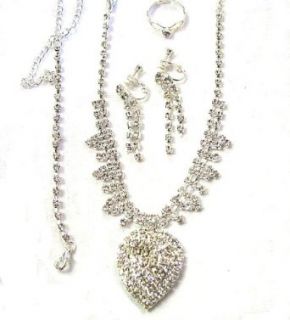 Rhinestone Crystal Necklace Set Earrings, Ring a Bracelet and a Heart Shaped Pendant: Outerwear: Clothing
