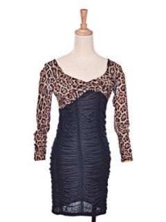 Leopard Cheetah Animal Print Sexy Slim Long Sleeve Ruched Black Party Dress