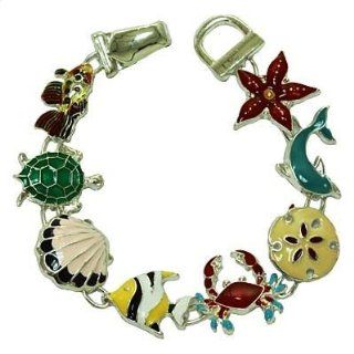 Silver Tone Colorful Sea Turtle Dolphin Shell Fish Crab Magnetic Clasp Charm Bracelet Elegant Trendy Fashion Jewelry: Jewelry