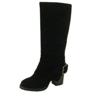 Qupid Rosdale 06 Buckle Fold Over Suede Knee High Boot BLACK Shoes