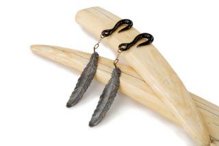 Horn & Brass Feather Dangle Earrings 00 Gauge (10mm)   Pair Diablo Organics Jewelry