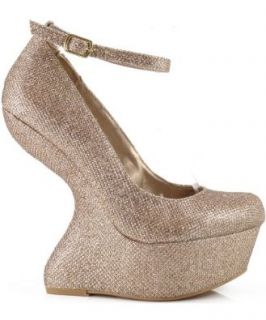 Qupid Ting 01 Glitter Heel Less Ankle Strap Curved Wedge CHAMPAGNE: Shoes