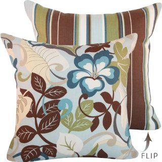 Kona Blend Collection   Designer Outdoor Decorative Throw Pillow 20" Square Cover   Tropical Flowers and Stripes   Blue, Brown, Off White and Green Hues   1 Cover, 2 Looks : Patio Furniture Pillows : Patio, Lawn & Garden