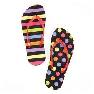 Little Miss Matched Flip Flops for Adults (Medium US 7 8, Multicolored Stripes and Dots on Black Background) Shoes