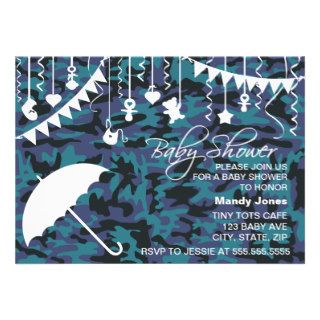 Blue Camo umbrella modern baby shower invitations