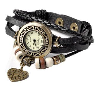 Better Dealz Retro Damen Uhr Wickelarmband Flechtarmband Leder Armbanduhr Kupfer Herz Dangle,Schwarz: Uhren
