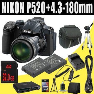 Nikon COOLPIX P520 18.1 MP Digital Camera with 42x Zoom (Dark Grey) + TWO EN EL5 Replacement Lithium Ion Batteryw/ External Rapid Charger + 32GB SDHC Class 10 Memory Card + Mini HDMI Cable + Carrying Case + Full Size Tripod + SDHC Card USB Reader + Memory