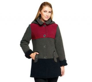 Susan Graver Boucle Fleece Button Front Color Block Coat with Hood —