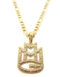 Hip Hop Gold Rhinestone Rick Ross Maybach Music Group Pendant Figaro Chain Necklace MSP284G: Jewelry