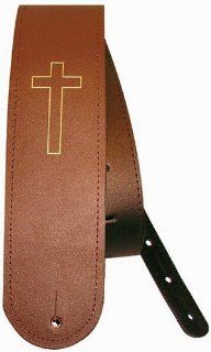 LM Products LS309 3 Inch Brown Leather with Cross Acoustic Guitar Strap: Musical Instruments