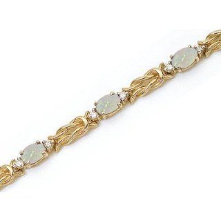 14k Yellow Gold Natural Opal And Diamond Tennis Bracelet: Jewelry