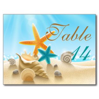Orange & aqua starfish beach wedding table number post card