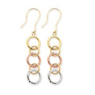 14k Gold Tri Color Diamond Cut Circle Dangle Earrings: Jewelry