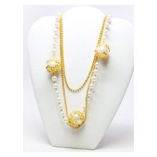 16" "Fancy Pearl Inspired" Long Gold Tone Pearl Finished Beads with Gold Tone Chain Accents fashion Jewelry/costume Jewelry: Jewelry
