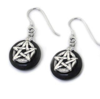 Sterling Silver Pentagram or Pentacle on Black Onyx Hook Earrings: Dangle Earrings: Jewelry