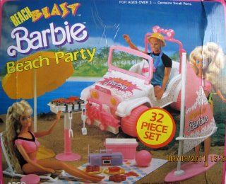 Beach Blast BARBIE Beach Party 32 Piece Play Set w "Jeep", Surf Board & Sail, BBQ, & MORE (1988 Arco Toys, Mattel) Toys & Games