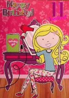 Girls Purple & Pink "Happy Birthday 11 Today" Birthday Greetings Card   Foil Embossed With Girl, Hairdryer, Nail Varnish & Vanity : Office Products