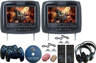 New Black Color Pair Headrest 9" LCD Car Monitors with DVD players 2 Dual Channel Headphones USB SD Inc. 32 Bit Game and 2 Wireless game controllers 8 Bit Game and 4 Wired Controllers RCA Video input & RCA Video OutPut  Vehicle Headrest Video 
