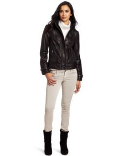 Via Spiga Women's Scuba Leather Jacket With Slimming Ruching Detail, Black, Small