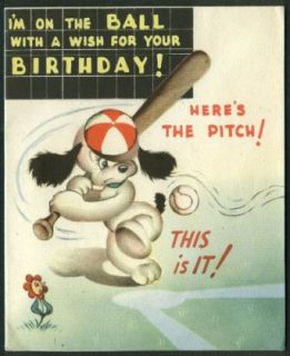 Happy Birthday card dog playing baseball action inside 1946 w/ envelope: Entertainment Collectibles