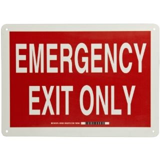 Brady 90628 10" Height, 14" Width, B 347 Plastic Green On Red Color Glow In The Dark Exit And Directional Sign, Legend "Emergency Exit Only": Industrial Warning Signs: Industrial & Scientific