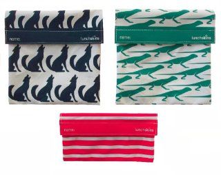 LunchSkins Reusable Sandwich and Snack Bags Set   3 Pack   Blue Wolf, Green Lizard, Red Stripes Sports & Outdoors