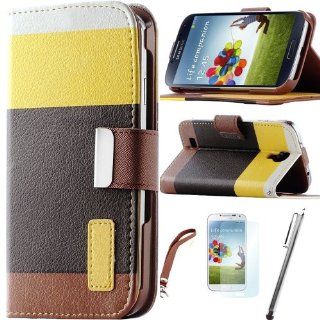 JKase COLOR Series PU Leather Wallet Cover Case with Credit / Business Card Holder For Samsung Galaxy S4 SIV S IV i9500 + Screen Protector + Stylus with Auto Wake/Sleep Smart Cover Function   Retail Packaging (Yellow/Black): Cell Phones & Accessories