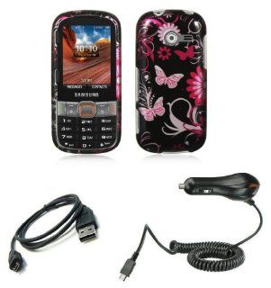 Samsung Array / Montage SPH M390 Combo   Pink Butterfly Flowers Design Shield Case + Atom LED Keychain Light + Micro USB Cable + Car Charger Cell Phones & Accessories