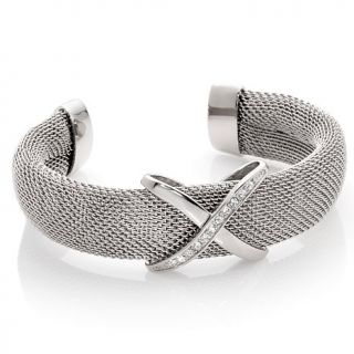 Stately Steel Mesh "X" 7" Cuff Bracelet with CZ Accent